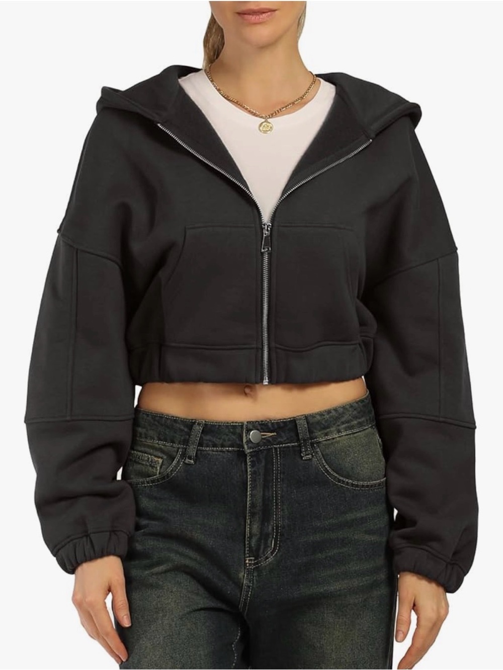 Cropped Black Zip-Up Hoodie for Women